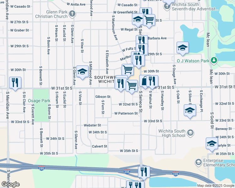 map of restaurants, bars, coffee shops, grocery stores, and more near 1415 W 31st St S in Wichita