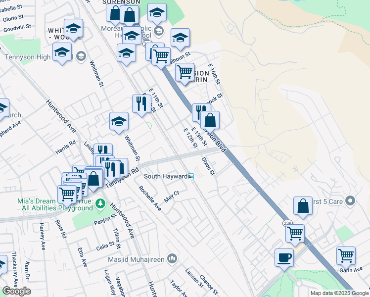 map of restaurants, bars, coffee shops, grocery stores, and more near 28341 East 11th Street in Hayward