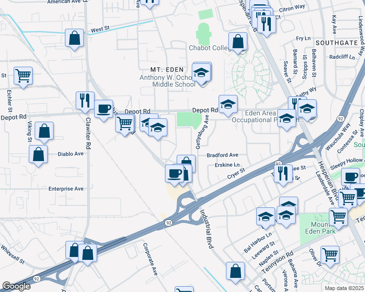 map of restaurants, bars, coffee shops, grocery stores, and more near 25800 Industrial Boulevard in Hayward