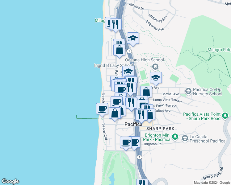 map of restaurants, bars, coffee shops, grocery stores, and more near 72 Paloma Avenue in Pacifica