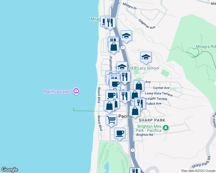 map of restaurants, bars, coffee shops, grocery stores, and more near 72 Paloma Avenue in Pacifica