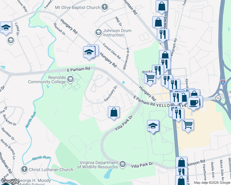 map of restaurants, bars, coffee shops, grocery stores, and more near 8010 Sanctuary Drive in Henrico