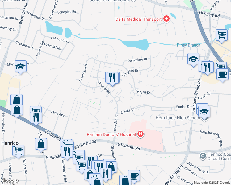 map of restaurants, bars, coffee shops, grocery stores, and more near 8422 O'Bannon Court in Richmond