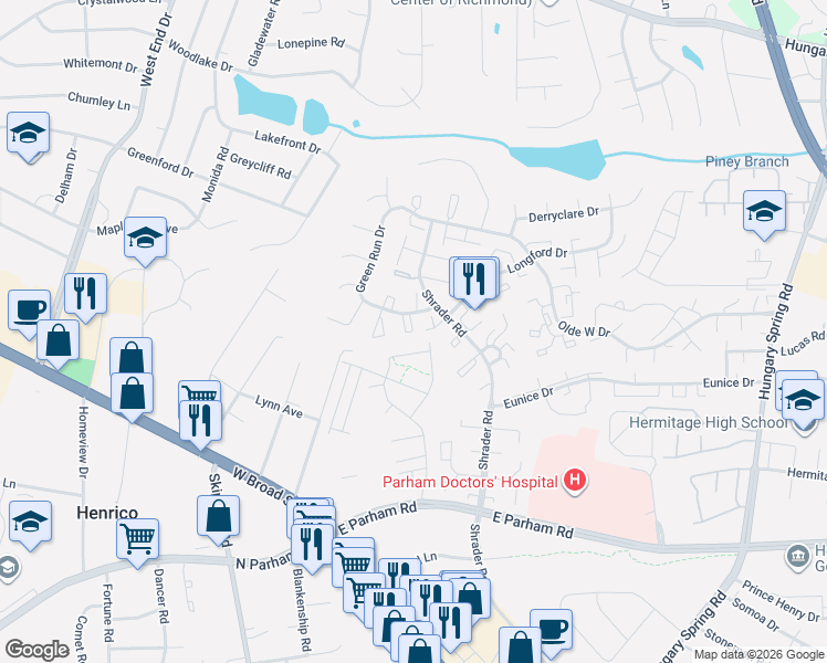map of restaurants, bars, coffee shops, grocery stores, and more near 4948 Farrell Court in Henrico