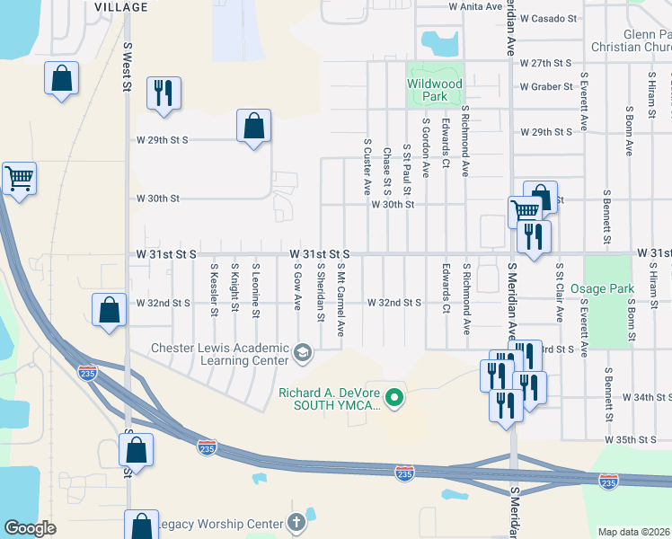 map of restaurants, bars, coffee shops, grocery stores, and more near 3202 South Mount Carmel Avenue in Wichita