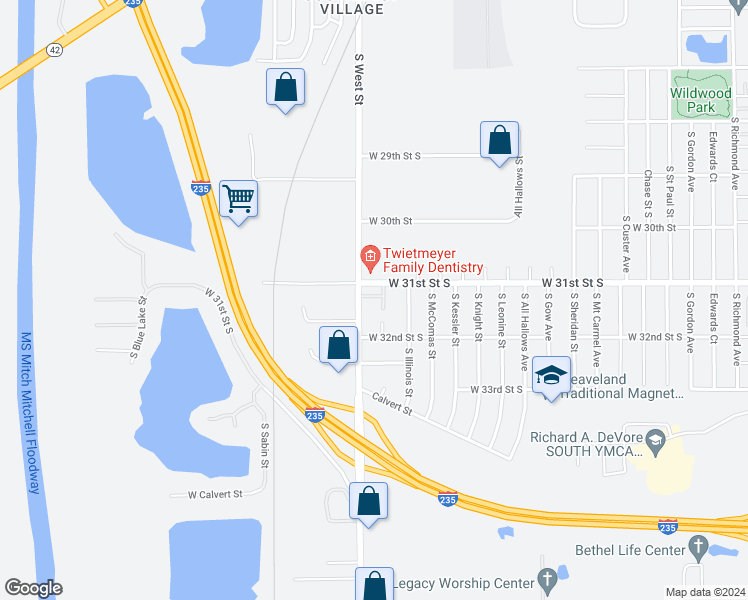 map of restaurants, bars, coffee shops, grocery stores, and more near 504 South West Street in Wichita