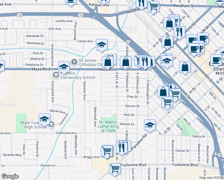 map of restaurants, bars, coffee shops, grocery stores, and more near 415 Oak Street in Modesto