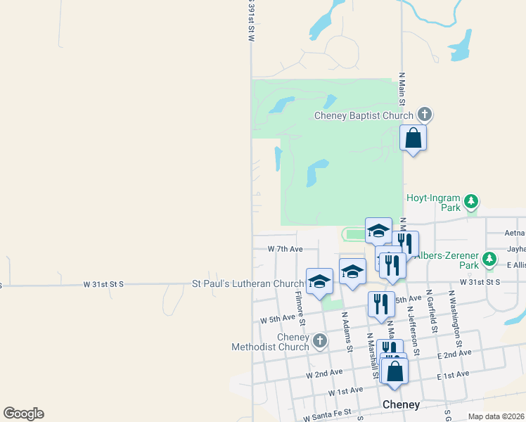 map of restaurants, bars, coffee shops, grocery stores, and more near South 391st Street West in Cheney