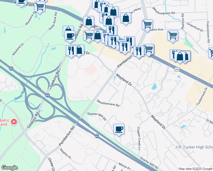 map of restaurants, bars, coffee shops, grocery stores, and more near 9736 Pemberton Crossing Drive in Richmond