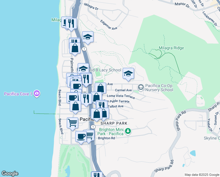 map of restaurants, bars, coffee shops, grocery stores, and more near 339 Carmel Avenue in Pacifica