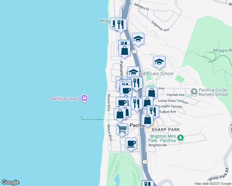 map of restaurants, bars, coffee shops, grocery stores, and more near 72 Paloma Avenue in Pacifica