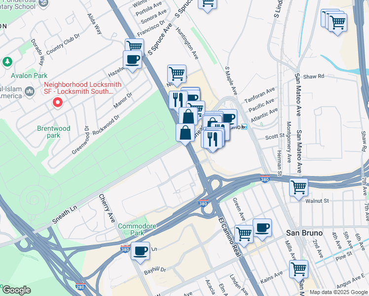 map of restaurants, bars, coffee shops, grocery stores, and more near 1199 El Camino Real in San Bruno