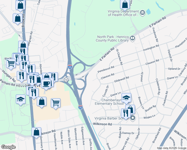 map of restaurants, bars, coffee shops, grocery stores, and more near 8414 Penobscot Road in Richmond