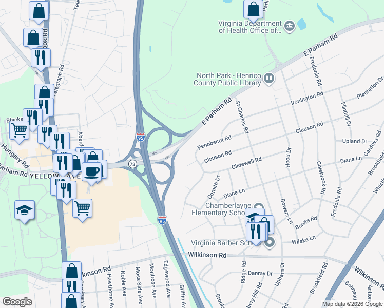 map of restaurants, bars, coffee shops, grocery stores, and more near 8414 Penobscot Road in Richmond