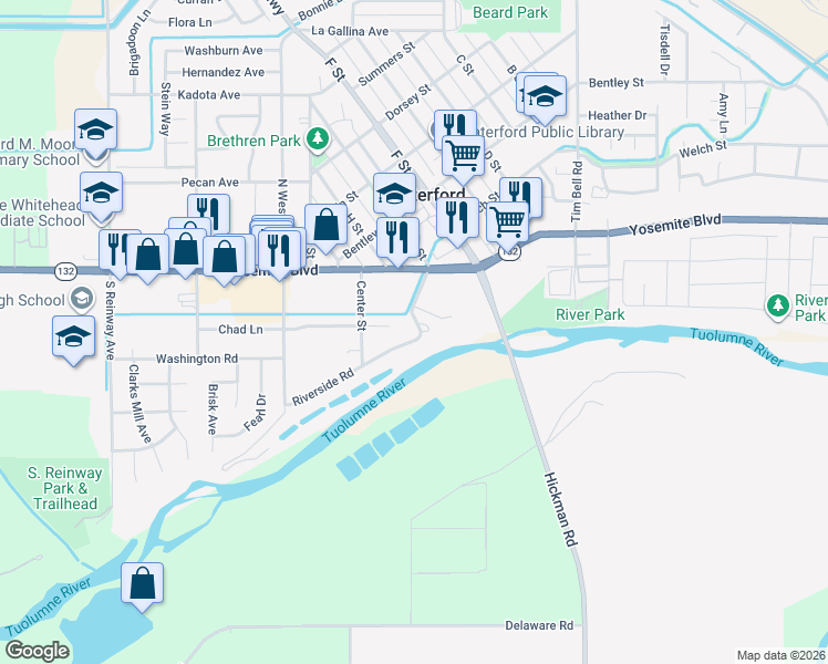 map of restaurants, bars, coffee shops, grocery stores, and more near 219 Riverside Road in Waterford