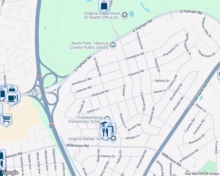map of restaurants, bars, coffee shops, grocery stores, and more near 910 Glidewell Road in Richmond