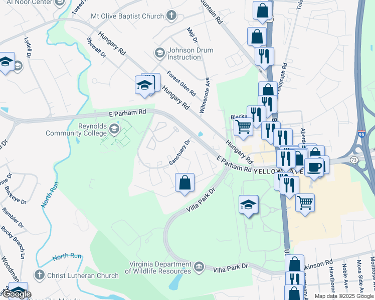 map of restaurants, bars, coffee shops, grocery stores, and more near 1521 Sargeant Court in Richmond