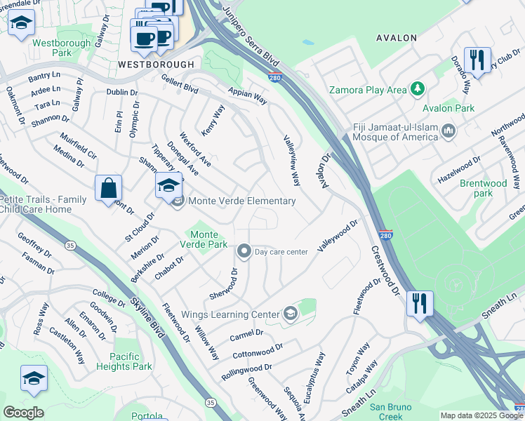 map of restaurants, bars, coffee shops, grocery stores, and more near 324 Merimont Circle in San Bruno