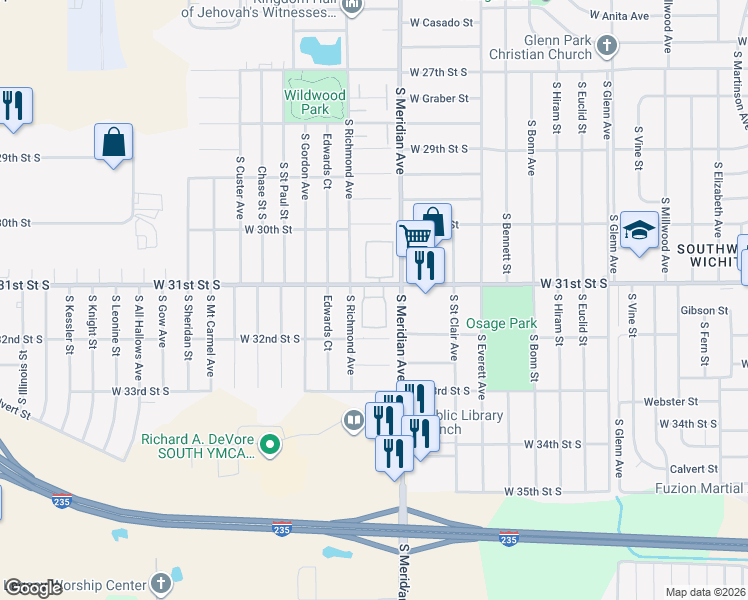 map of restaurants, bars, coffee shops, grocery stores, and more near 3208 S Richmond Ave in Wichita