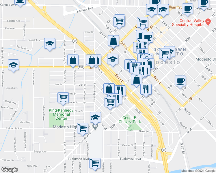 map of restaurants, bars, coffee shops, grocery stores, and more near 412 J Street in Modesto