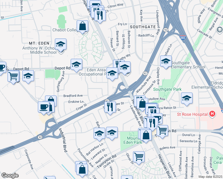 map of restaurants, bars, coffee shops, grocery stores, and more near 26331 Adrian Avenue in Hayward