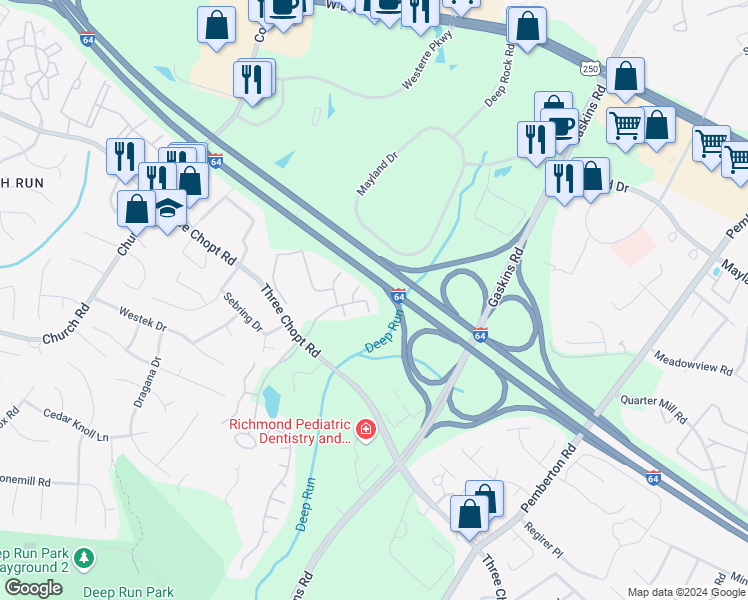 map of restaurants, bars, coffee shops, grocery stores, and more near 10509 Barbara Lane in Richmond