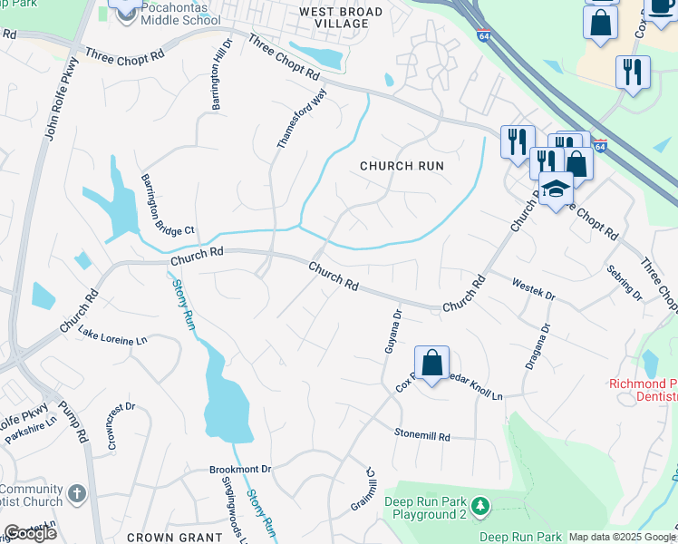 map of restaurants, bars, coffee shops, grocery stores, and more near 11229 Riverchase Drive in Richmond