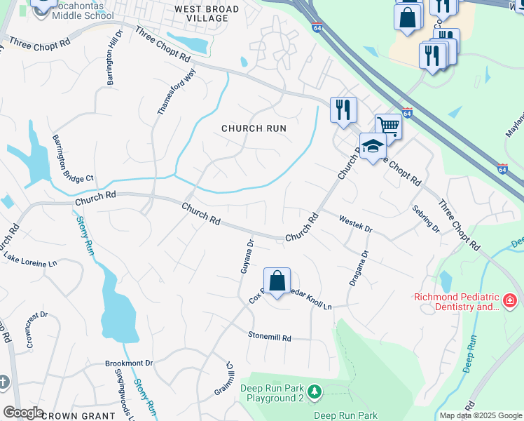 map of restaurants, bars, coffee shops, grocery stores, and more near 3620 Woodlynne Place in Richmond