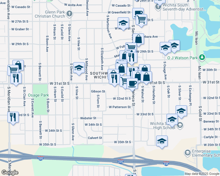 map of restaurants, bars, coffee shops, grocery stores, and more near 1415 West 31st Street South in Wichita