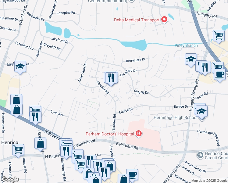 map of restaurants, bars, coffee shops, grocery stores, and more near 8420 O'Bannon Court in Henrico