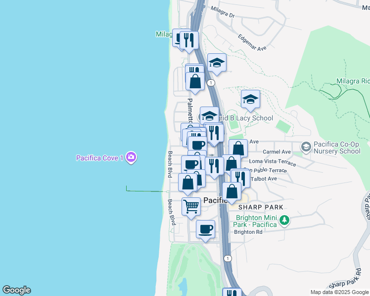 map of restaurants, bars, coffee shops, grocery stores, and more near 72 Paloma Avenue in Pacifica