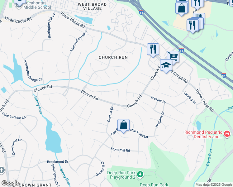 map of restaurants, bars, coffee shops, grocery stores, and more near 3620 Woodlynne Place in Richmond