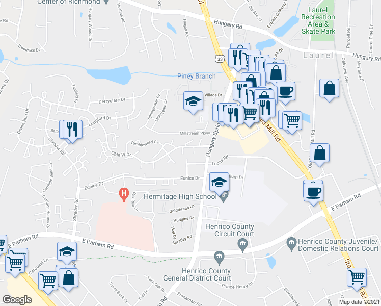 map of restaurants, bars, coffee shops, grocery stores, and more near 8704 Hermitage Trace Court in Richmond