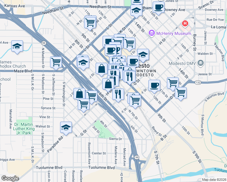 map of restaurants, bars, coffee shops, grocery stores, and more near 700 H Street in Modesto