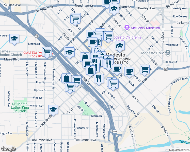 map of restaurants, bars, coffee shops, grocery stores, and more near 700 H Street in Modesto