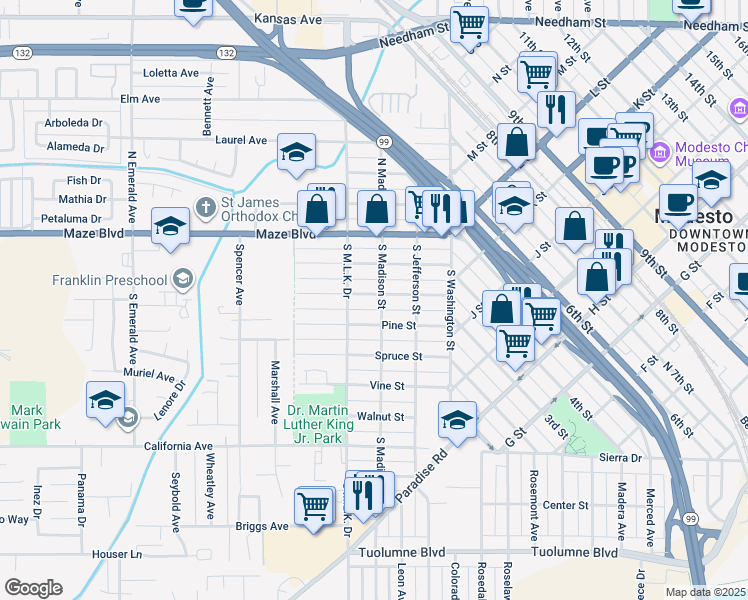 map of restaurants, bars, coffee shops, grocery stores, and more near 313 Oak Street in Modesto