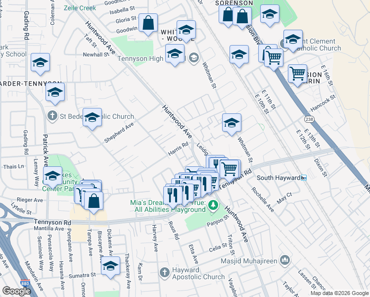 map of restaurants, bars, coffee shops, grocery stores, and more near in Hayward