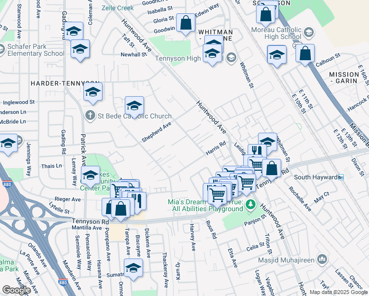 map of restaurants, bars, coffee shops, grocery stores, and more near 27355 Manon Avenue in Hayward