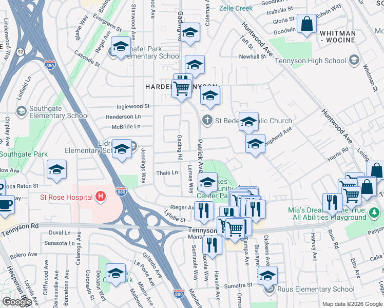 map of restaurants, bars, coffee shops, grocery stores, and more near 1118 Westwood Street in Hayward