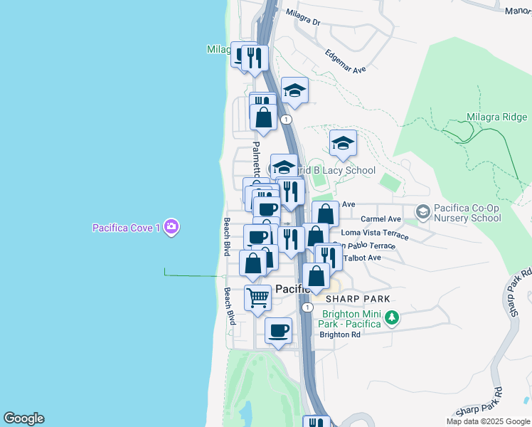 map of restaurants, bars, coffee shops, grocery stores, and more near 129 Paloma Avenue in Pacifica