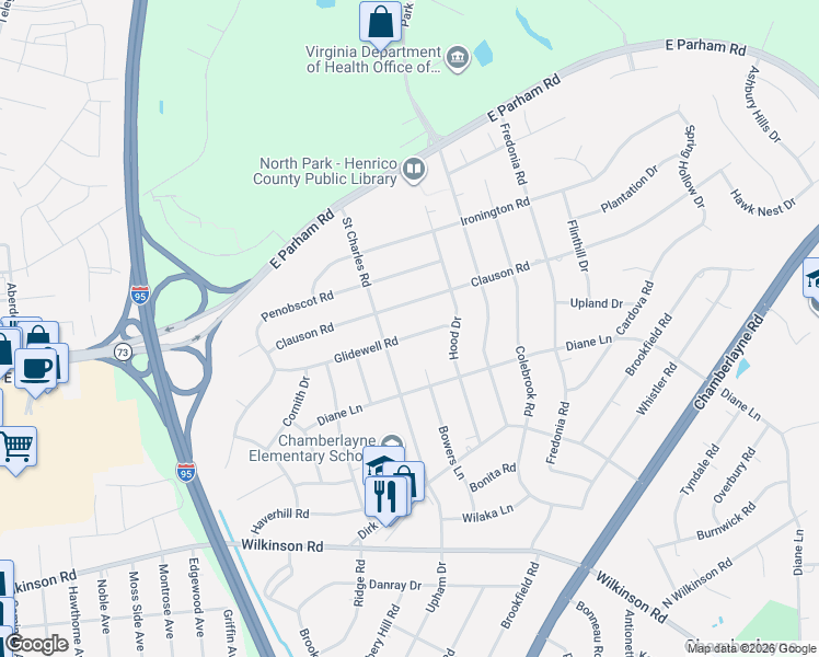 map of restaurants, bars, coffee shops, grocery stores, and more near 910 Glidewell Road in Richmond
