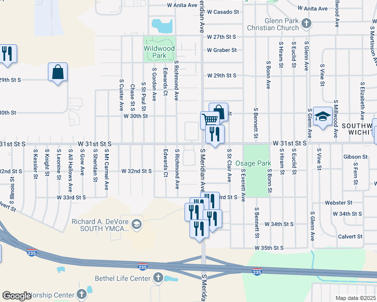 map of restaurants, bars, coffee shops, grocery stores, and more near 3208 S Richmond Ave in Wichita
