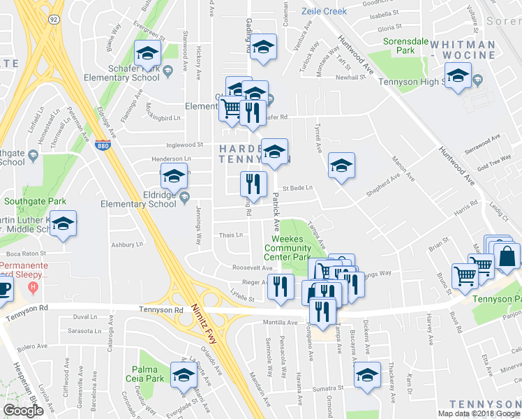 map of restaurants, bars, coffee shops, grocery stores, and more near 1118 Westwood Street in Hayward