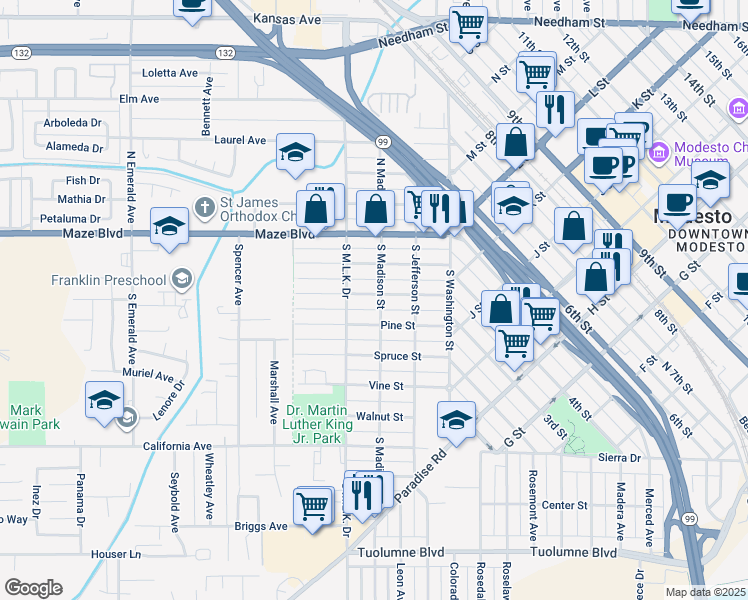 map of restaurants, bars, coffee shops, grocery stores, and more near 313 Oak Street in Modesto