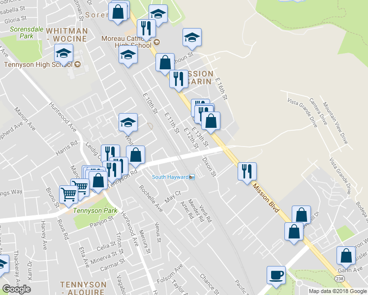 map of restaurants, bars, coffee shops, grocery stores, and more near 28341 East 11th Street in Hayward
