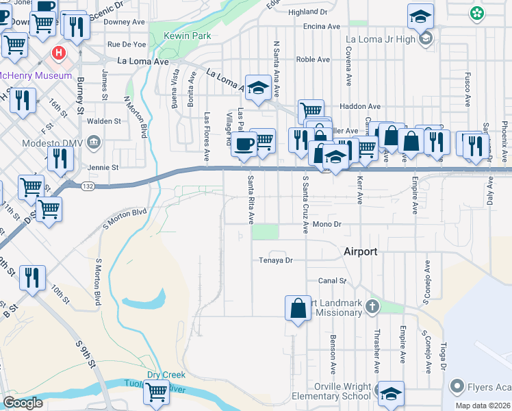 map of restaurants, bars, coffee shops, grocery stores, and more near 230 Santa Rita Avenue in Modesto