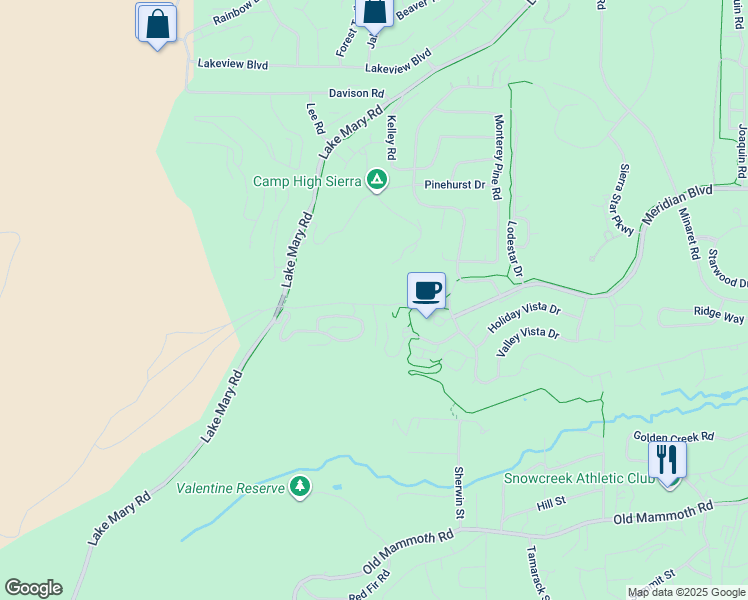 map of restaurants, bars, coffee shops, grocery stores, and more near 3411 Meridian Boulevard in Mammoth Lakes