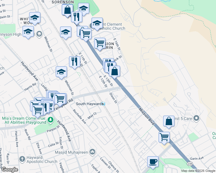 map of restaurants, bars, coffee shops, grocery stores, and more near 28472 East 12th Street in Hayward