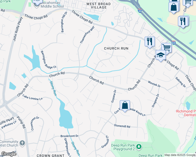 map of restaurants, bars, coffee shops, grocery stores, and more near 11229 Riverchase Drive in Richmond