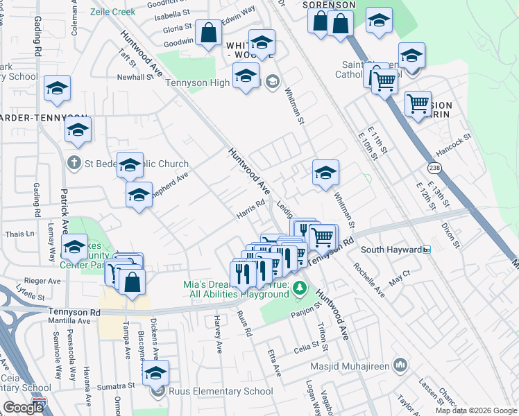 map of restaurants, bars, coffee shops, grocery stores, and more near in Hayward